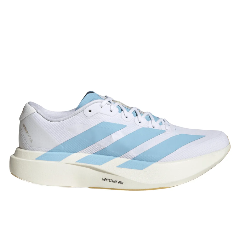 White & Light Blue Three-Stripe Running Sneakers