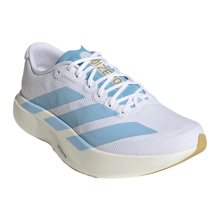 White & Light Blue Three-Stripe Running Sneakers