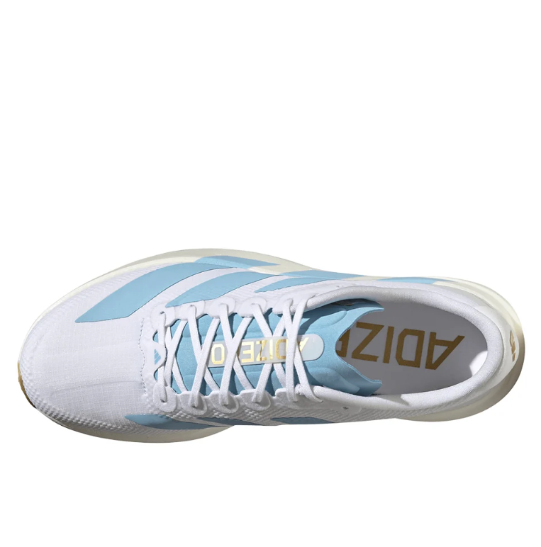White & Light Blue Three-Stripe Running Sneakers