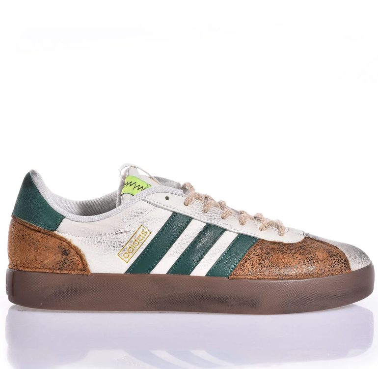 Retro Three-Stripe Low-Top Sneakers in White, Green & Brown