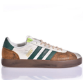 Retro Three-Stripe Low-Top Sneakers in White, Green & Brown