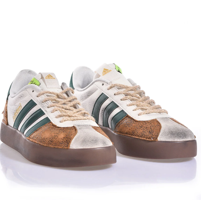 Retro Three-Stripe Low-Top Sneakers in White, Green & Brown