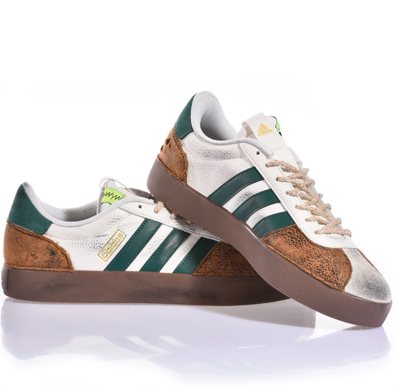 Retro Three-Stripe Low-Top Sneakers in White, Green & Brown