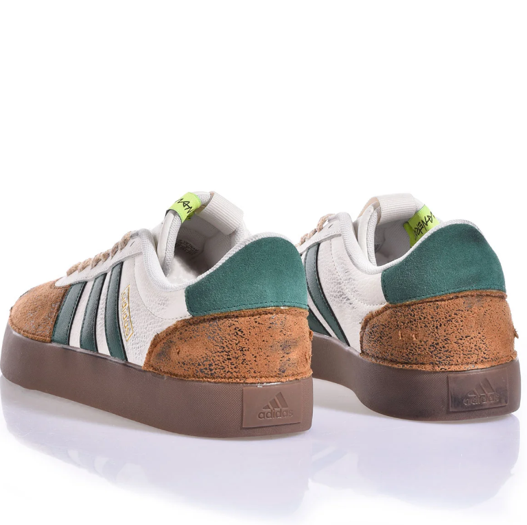 Retro Three-Stripe Low-Top Sneakers in White, Green & Brown