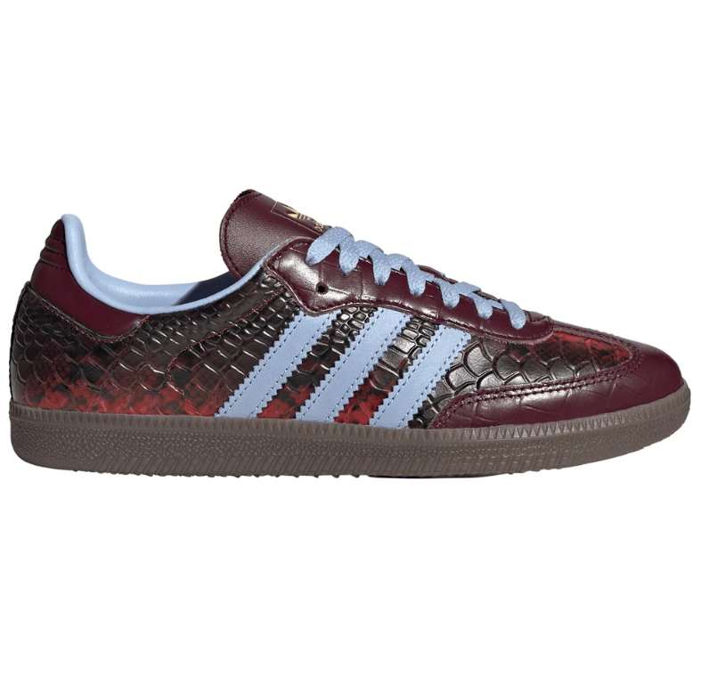 Burgundy Croc-Texture Low-Top Sneakers with Light Blue Stripes
