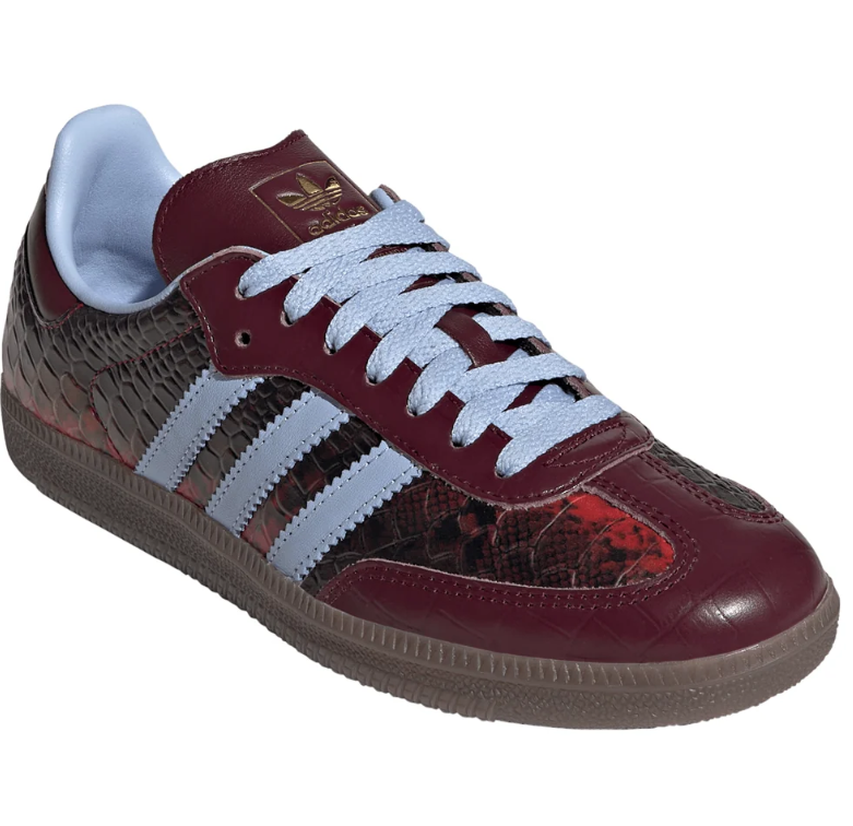 Burgundy Croc-Texture Low-Top Sneakers with Light Blue Stripes