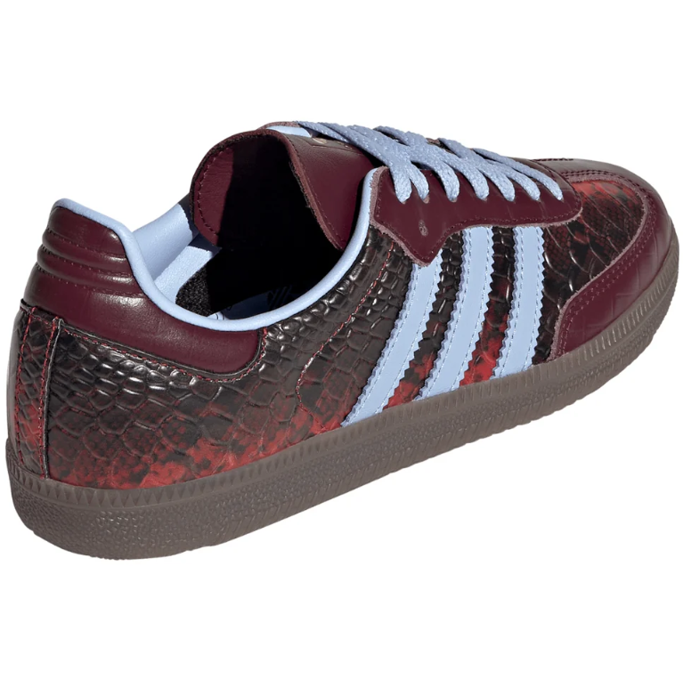 Burgundy Croc-Texture Low-Top Sneakers with Light Blue Stripes
