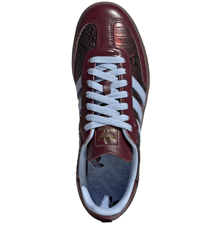 Burgundy Croc-Texture Low-Top Sneakers with Light Blue Stripes