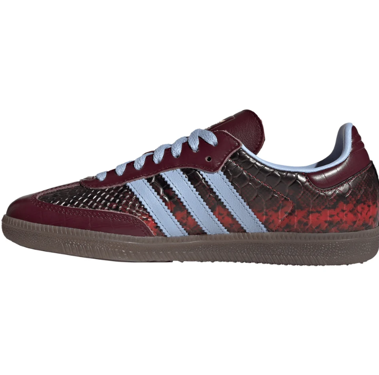 Burgundy Croc-Texture Low-Top Sneakers with Light Blue Stripes