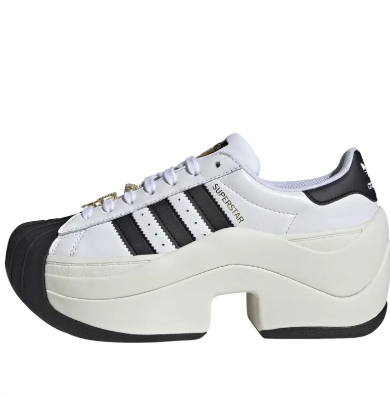 White & Black Shell-Toe Platform Sneakers with Gold Accents
