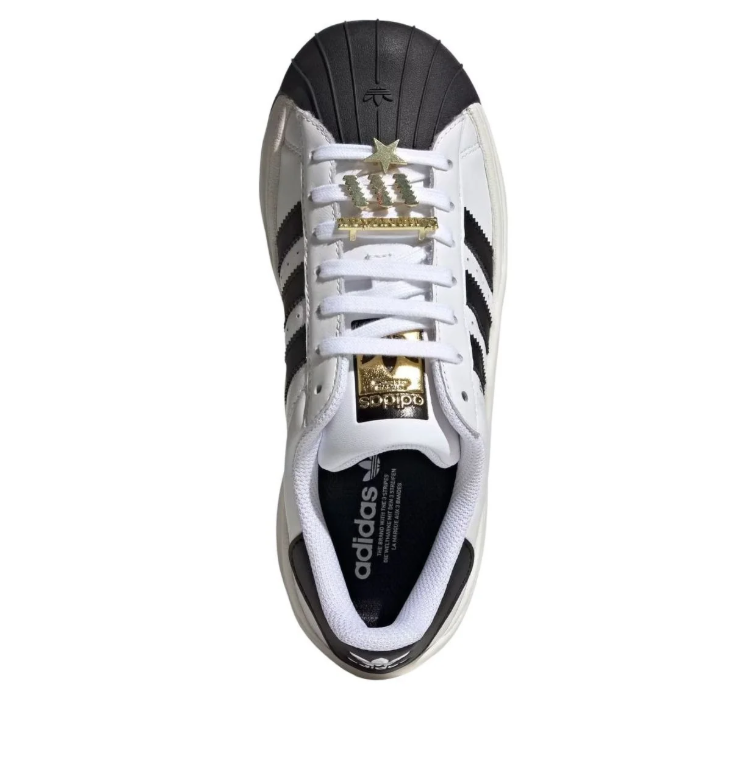 White & Black Shell-Toe Platform Sneakers with Gold Accents