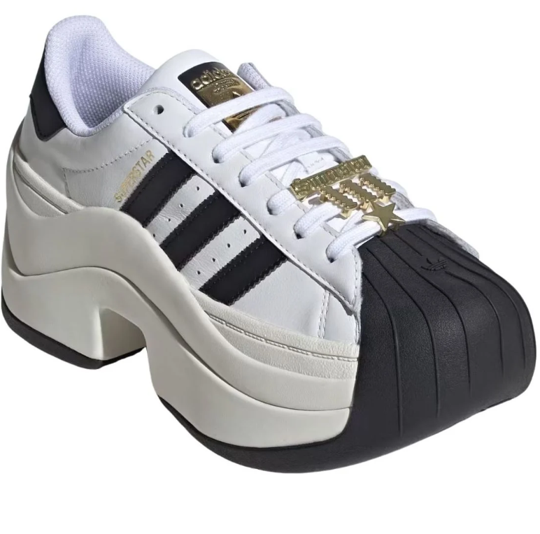 White & Black Shell-Toe Platform Sneakers with Gold Accents
