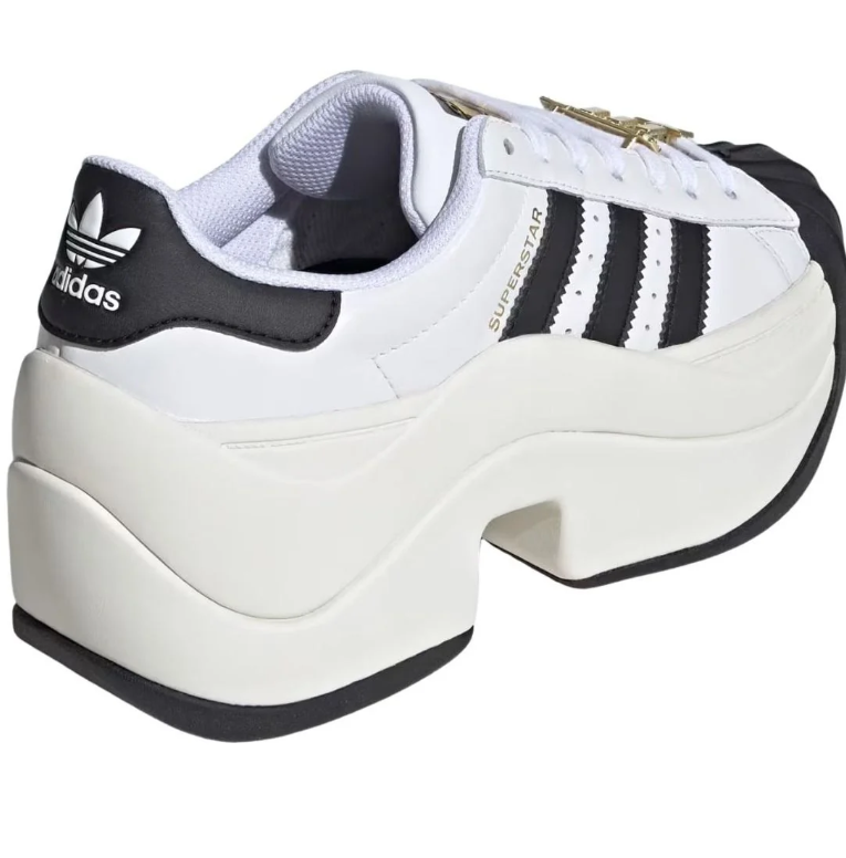 White & Black Shell-Toe Platform Sneakers with Gold Accents