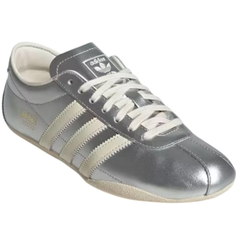 Metallic Silver & Cream Three-Stripe Low-Top Sneakers