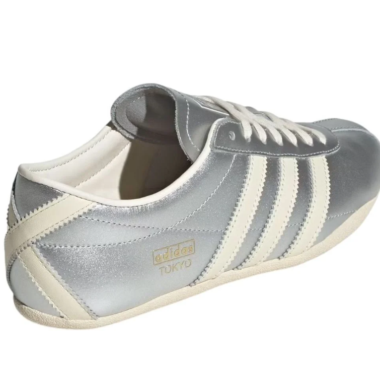 Metallic Silver & Cream Three-Stripe Low-Top Sneakers