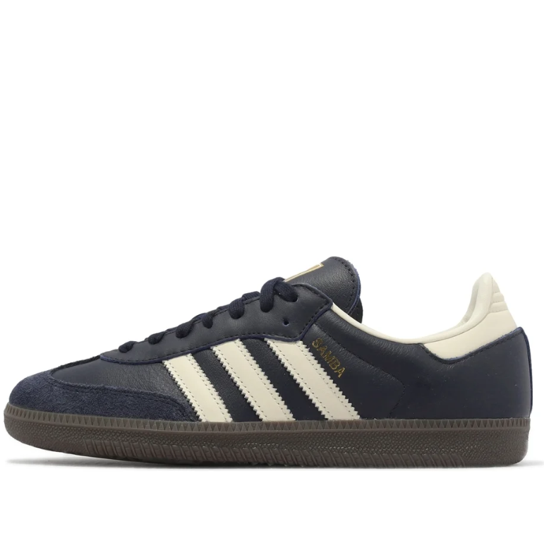 Dark Navy & Cream Three-Stripe Low-Top Sneakers with Brown Sole