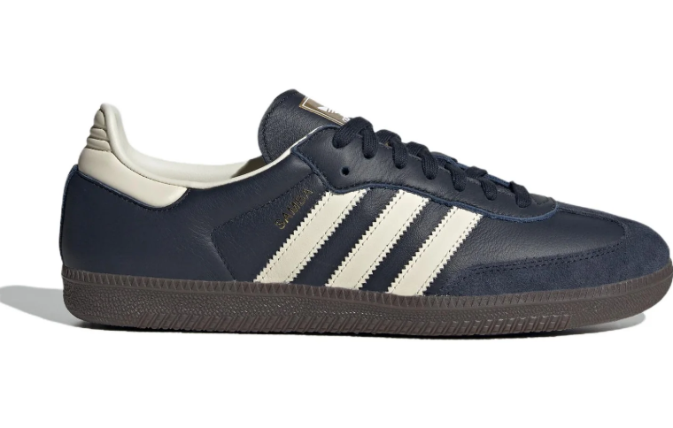 Dark Navy & Cream Three-Stripe Low-Top Sneakers with Brown Sole