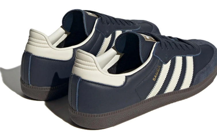 Dark Navy & Cream Three-Stripe Low-Top Sneakers with Brown Sole