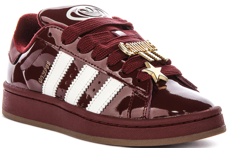 Glossy Burgundy & White Low-Top Sneakers with Gold-Tone Lace Charms
