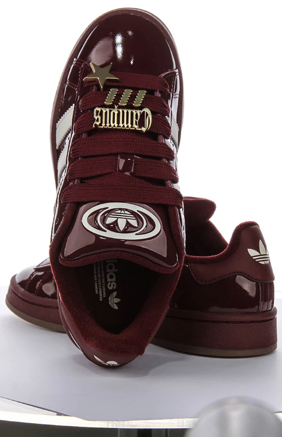 Glossy Burgundy & White Low-Top Sneakers with Gold-Tone Lace Charms