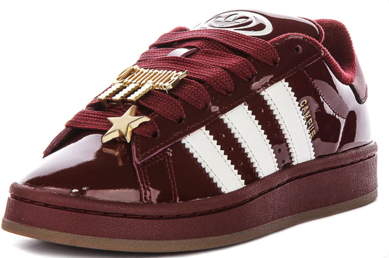 Glossy Burgundy & White Low-Top Sneakers with Gold-Tone Lace Charms