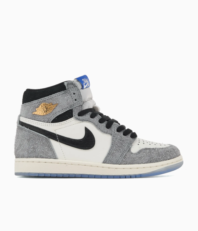 Gray & Cream High-Top Sneakers with Black & Blue Accents