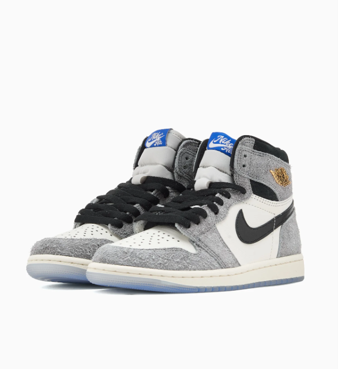 Gray & Cream High-Top Sneakers with Black & Blue Accents