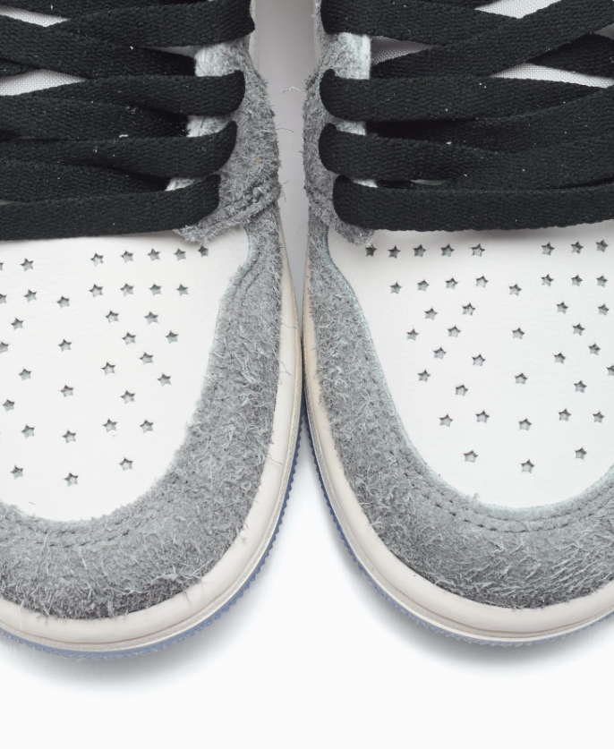 Gray & Cream High-Top Sneakers with Black & Blue Accents