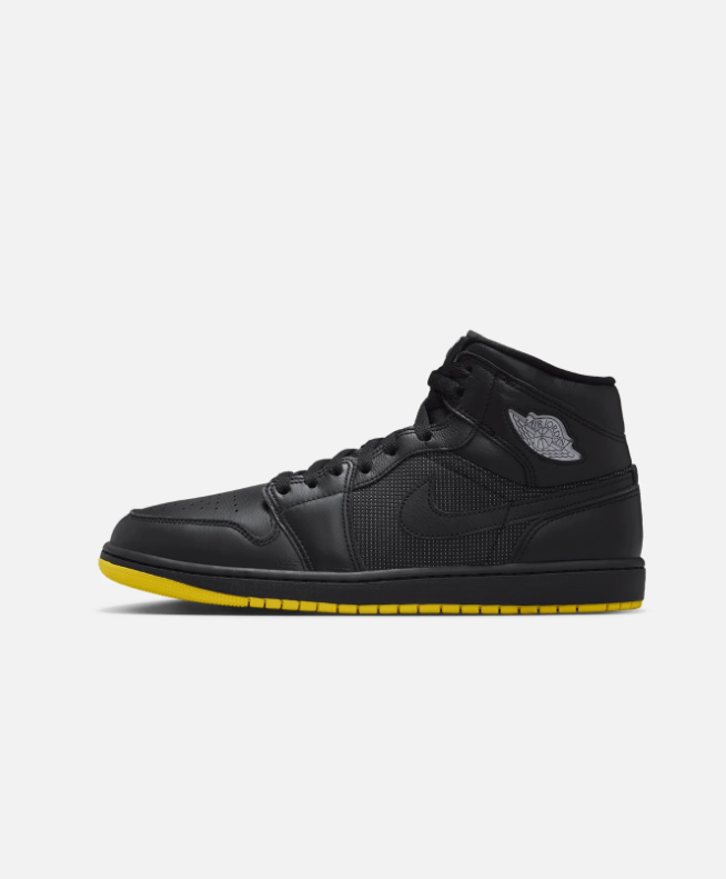 Black Mid-Top Court Sneakers with Bright Yellow Outsole