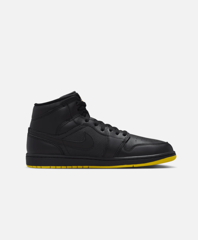 Black Mid-Top Court Sneakers with Bright Yellow Outsole
