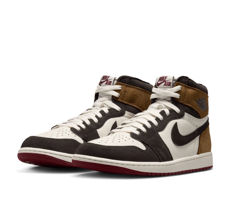 Brown & Cream High-Top Sneakers with Burgundy Outsole