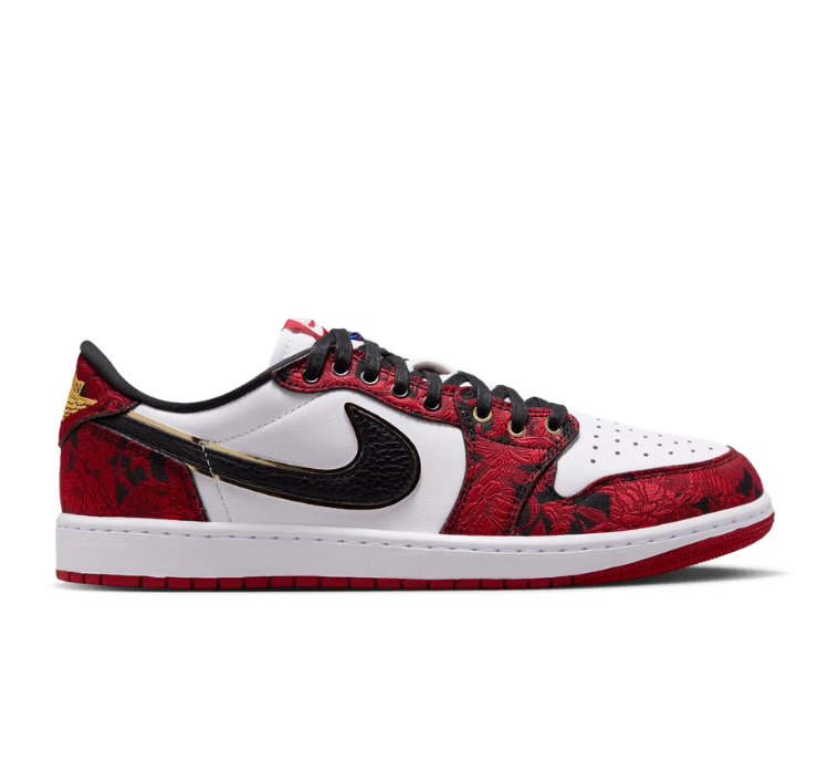 White & Red Patterned Low-Top Sneakers with Gold-Tone Details