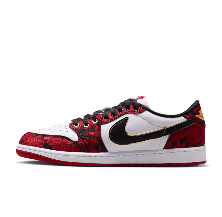 White & Red Patterned Low-Top Sneakers with Gold-Tone Details