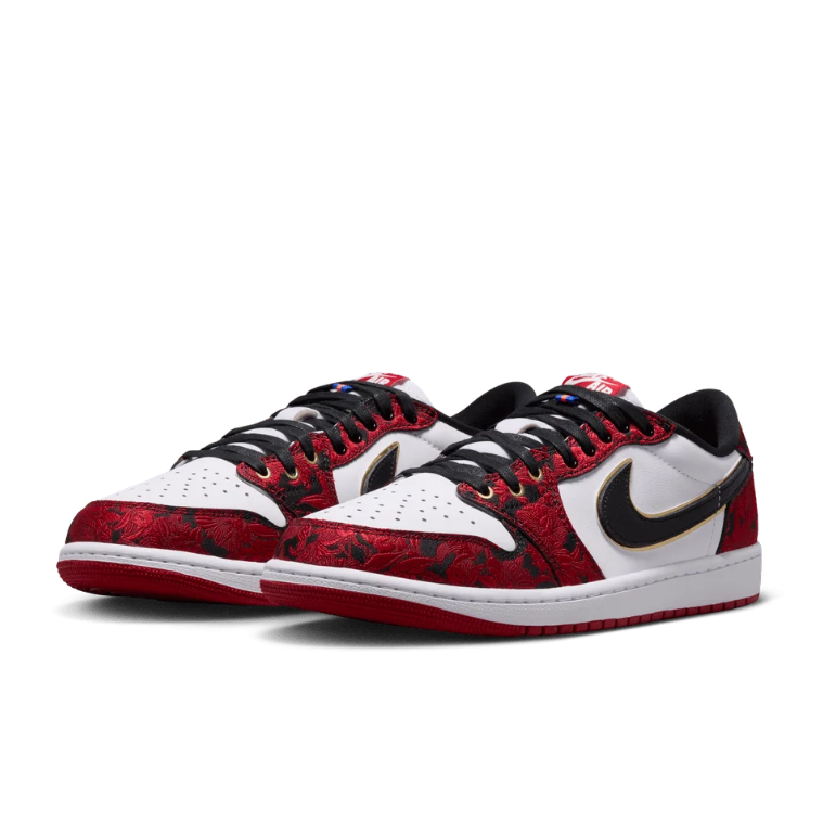 White & Red Patterned Low-Top Sneakers with Gold-Tone Details