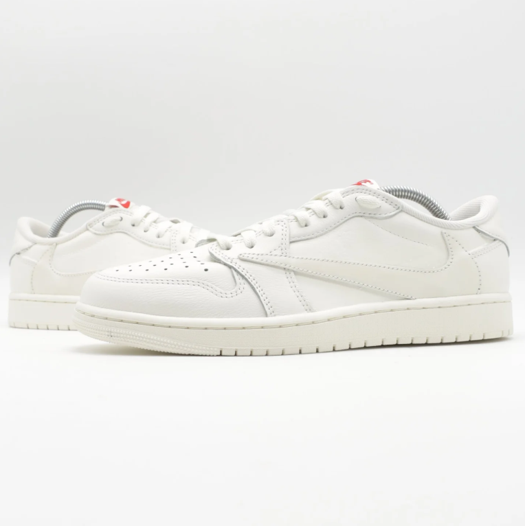 White & Cream Low-Top Court Sneakers with Red Tongue Accents