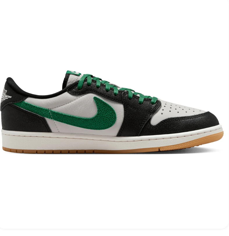 Black & White Low-Top Sneakers with Green Accents & Gum Sole