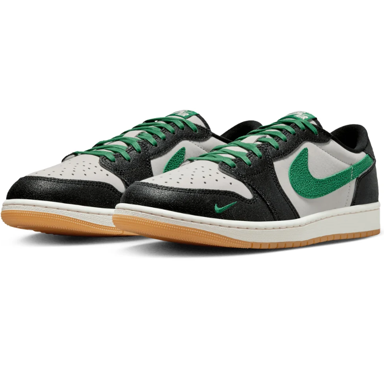 Black & White Low-Top Sneakers with Green Accents & Gum Sole