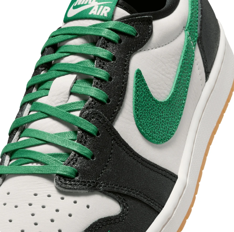 Black & White Low-Top Sneakers with Green Accents & Gum Sole