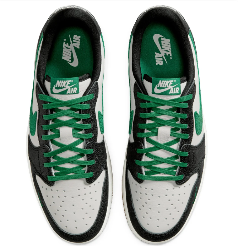 Black & White Low-Top Sneakers with Green Accents & Gum Sole