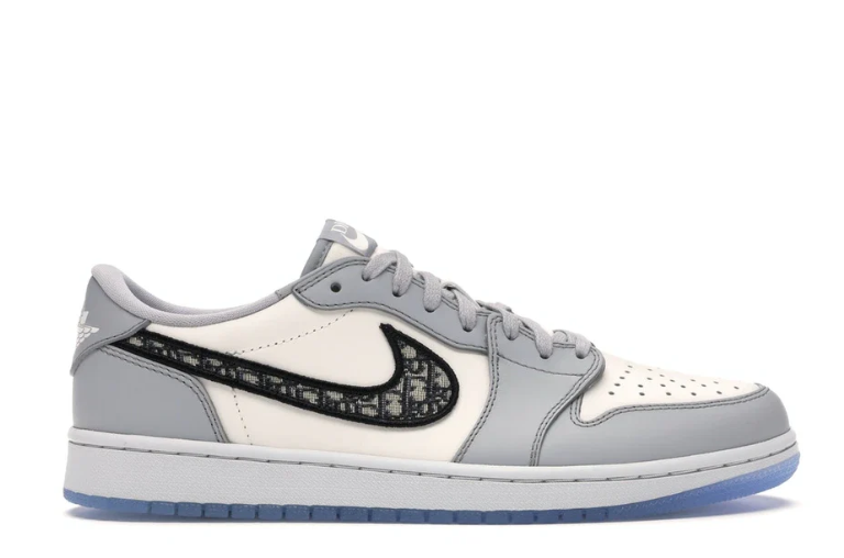 Gray & White Low-Top Sneakers with Patterned Side Accents & Icy Blue Sole