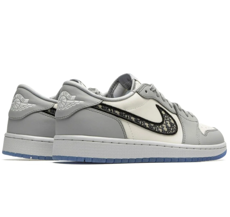 Gray & White Low-Top Sneakers with Patterned Side Accents & Icy Blue Sole