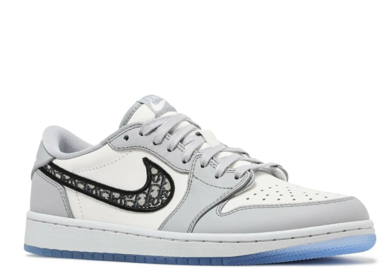 Gray & White Low-Top Sneakers with Patterned Side Accents & Icy Blue Sole