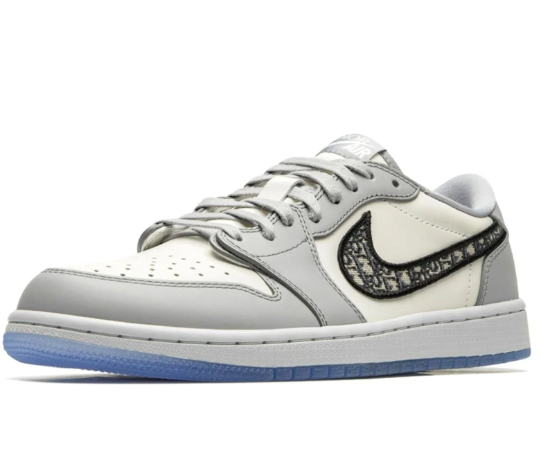 Gray & White Low-Top Sneakers with Patterned Side Accents & Icy Blue Sole