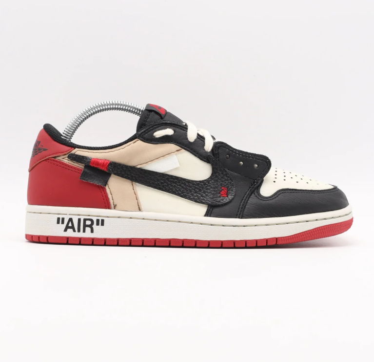 Black, Cream & Red Low-Top Sneakers with Deconstructed Details