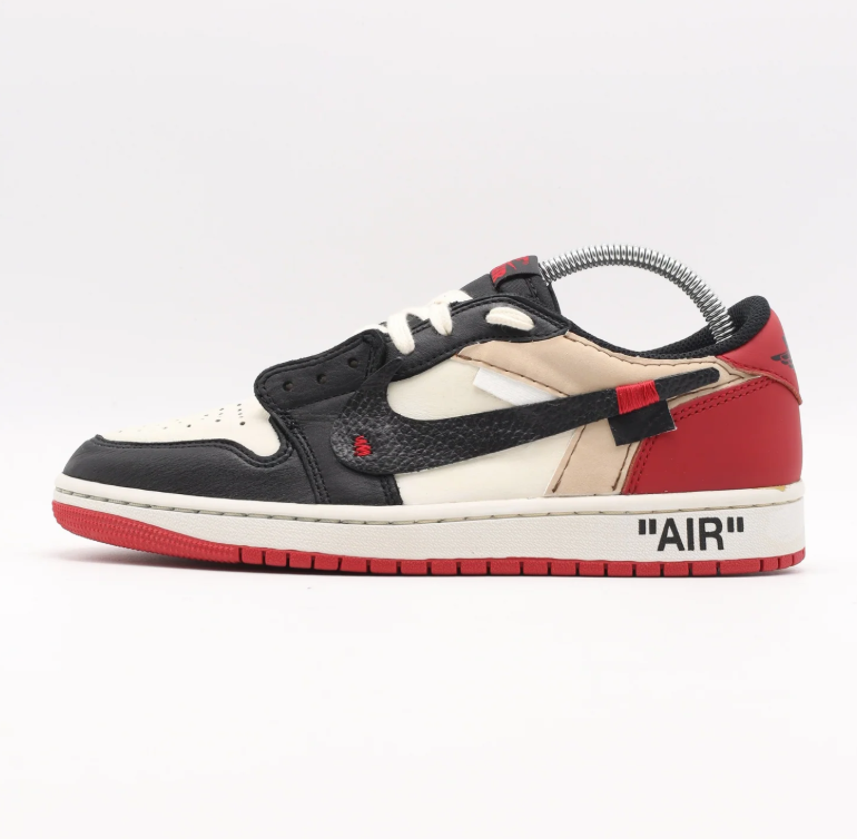 Black, Cream & Red Low-Top Sneakers with Deconstructed Details
