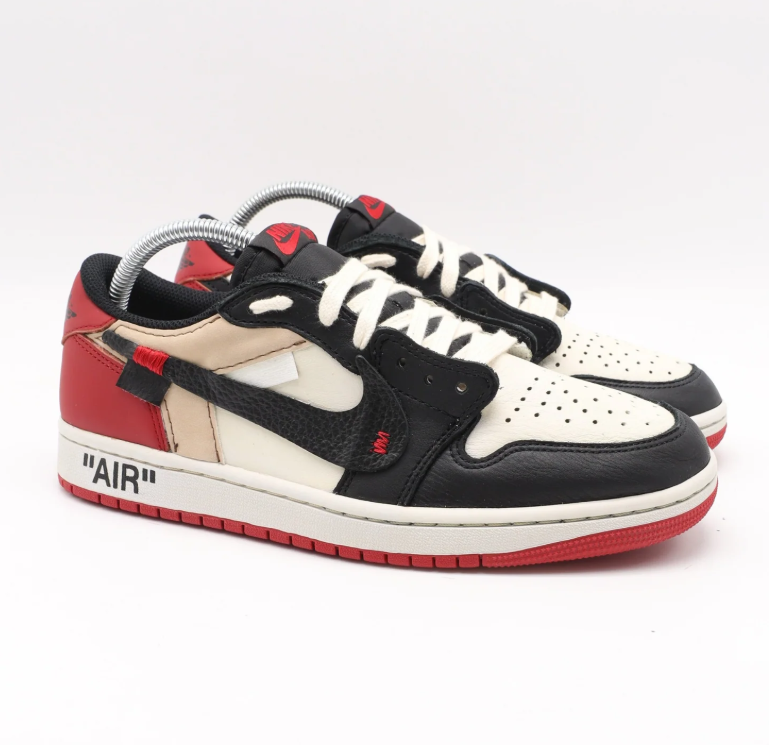 Black, Cream & Red Low-Top Sneakers with Deconstructed Details