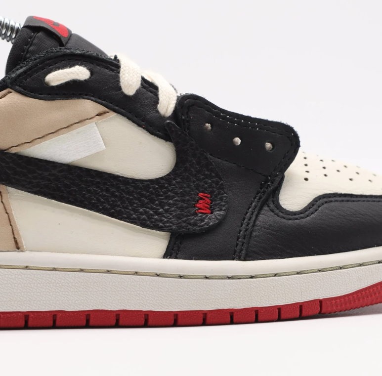 Black, Cream & Red Low-Top Sneakers with Deconstructed Details