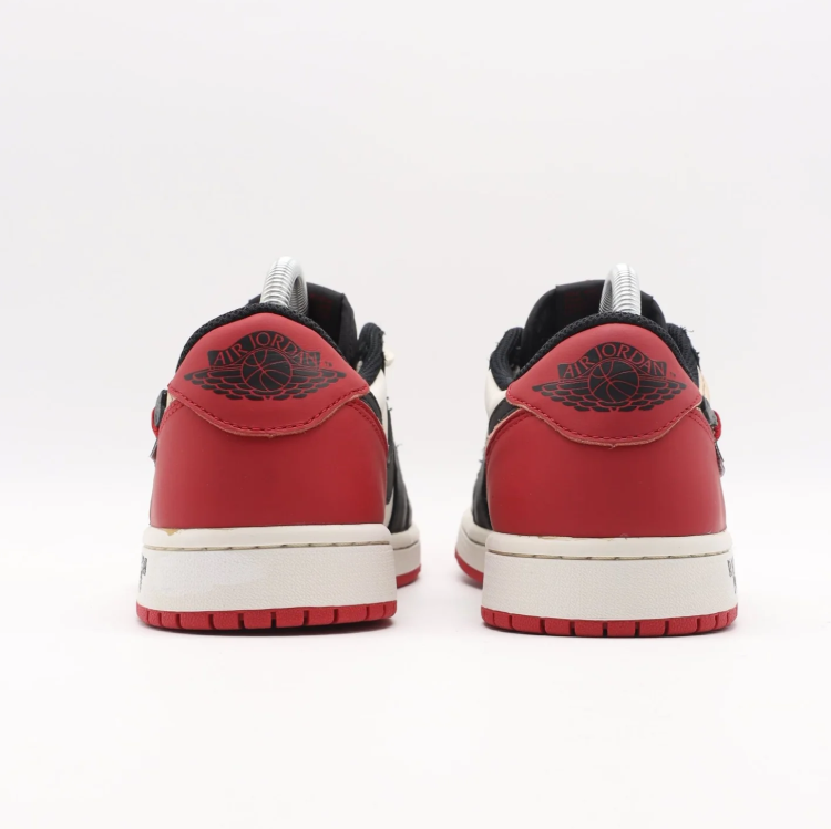 Black, Cream & Red Low-Top Sneakers with Deconstructed Details