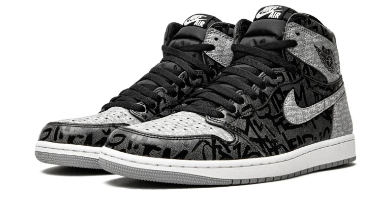 Black & Gray Graphic High-Top Sneakers with Textured Silver-Tone Panels
