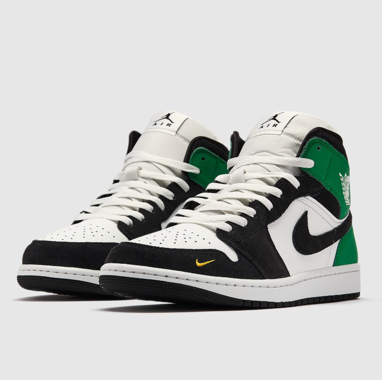 Black, White & Green Mid-Top Sneakers with Yellow Accents